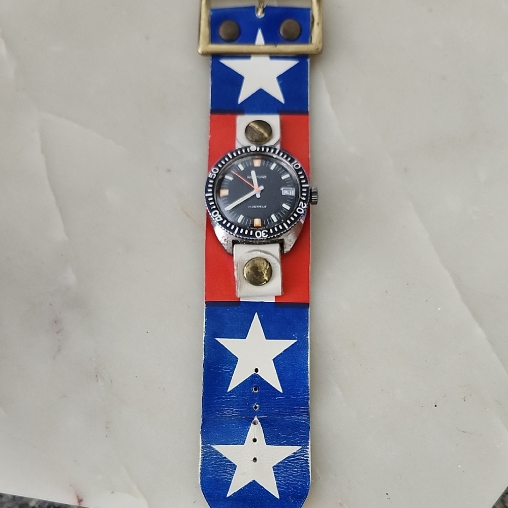 Vintage Neptune 17 Jewels Red, White, & Blue Star Leather Band Watch